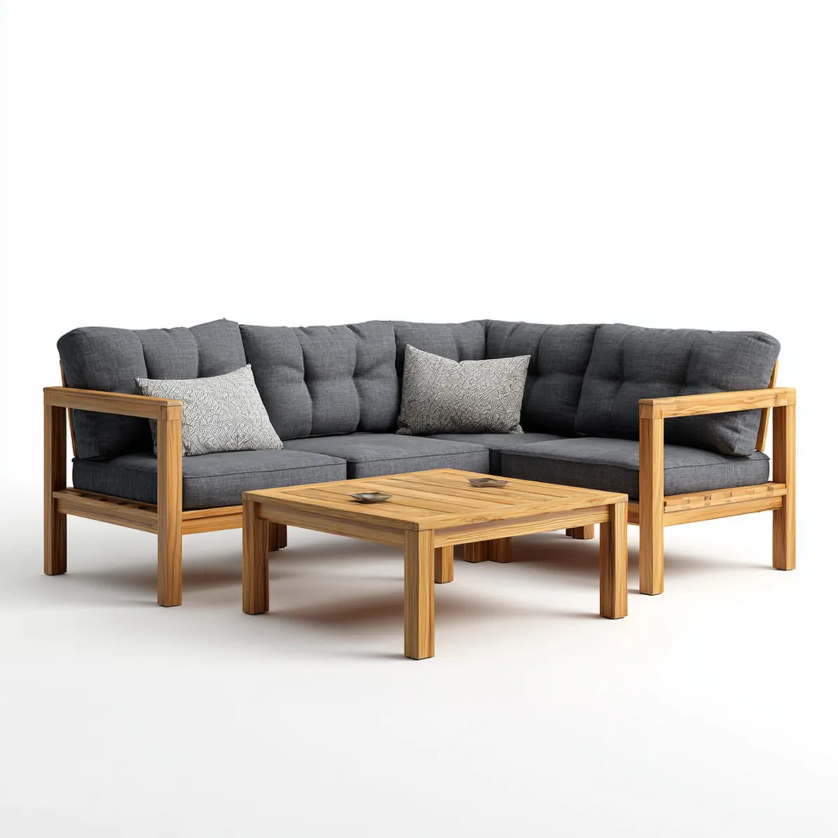 Sofa ogrodowa, Taras salon zestaw 3- część naturalna szary z litego drewna acacia z narożną sofą w kształcie litery kształt litery 220 × 160 × 78 cm i stolik kawowy 100 × 60 × 42, 100 x 60 x 42 cm
