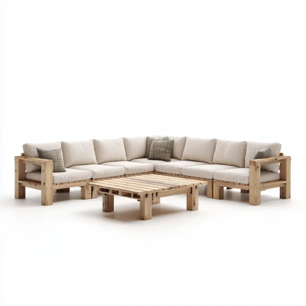 Sofa ogrodowa, Taras salon zestaw narożna sofa naturalne białe z litego drewna sosnowego z poduszką poliestrową kształt litery 300 x 220 x 75 cm