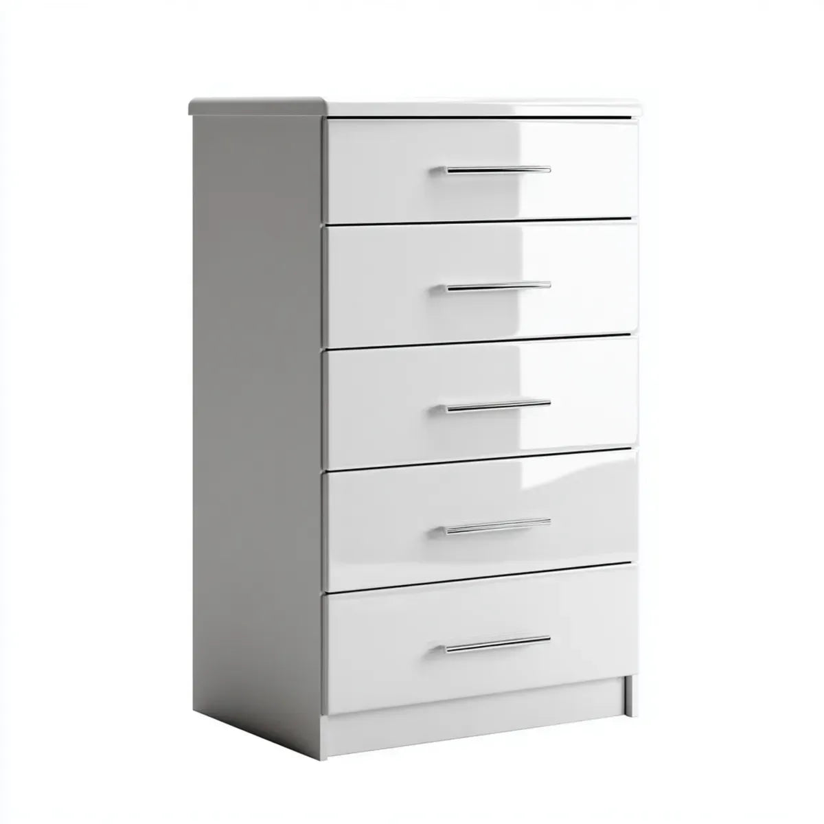 Komoda, Wygoda 5 białych szuflady błyszczące prostokątne w płycie wiórowej 60 x 40 x 110 cm