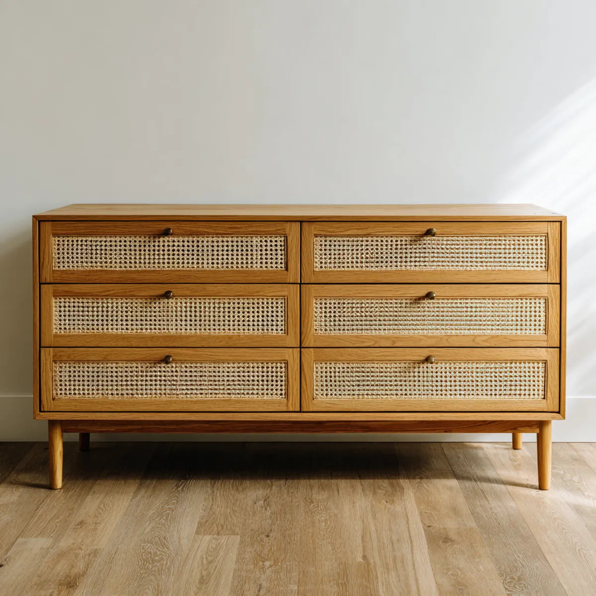 Komoda, Kommode 6 szuflady w dębie litym i puszki prostokątnego rattanu 160 x 45 x 85 cm