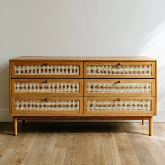 Komoda, Kommode 6 szuflady w dębie litym i puszki prostokątnego rattanu 160 x 45 x 85 cm