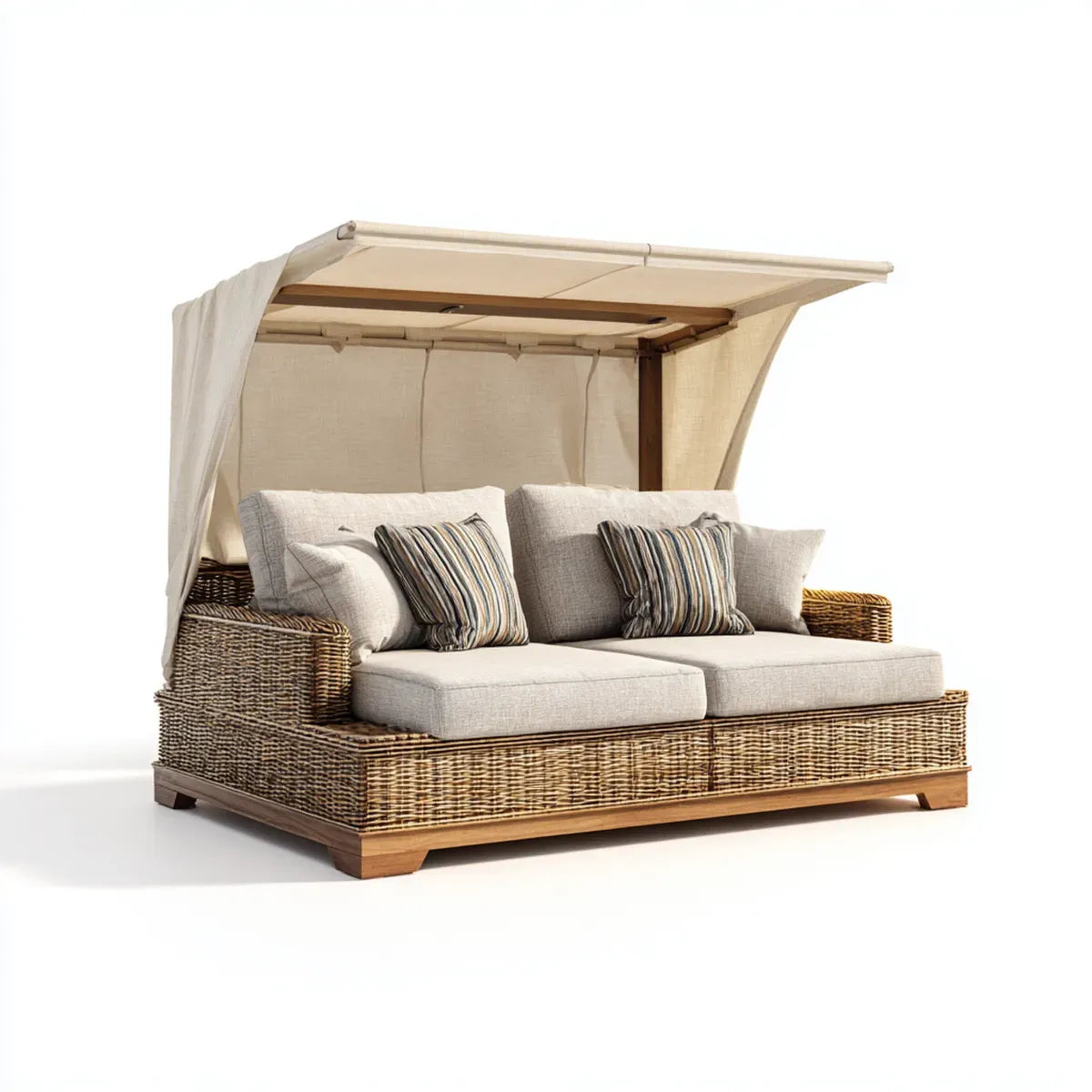 Leżanka ogrodowa, Ogród Lounge Wyspa 2 -miejsce naturalne brązowy beż z naturalnego rattan acacia drewna i poliester 210 x 120 x 170 cm