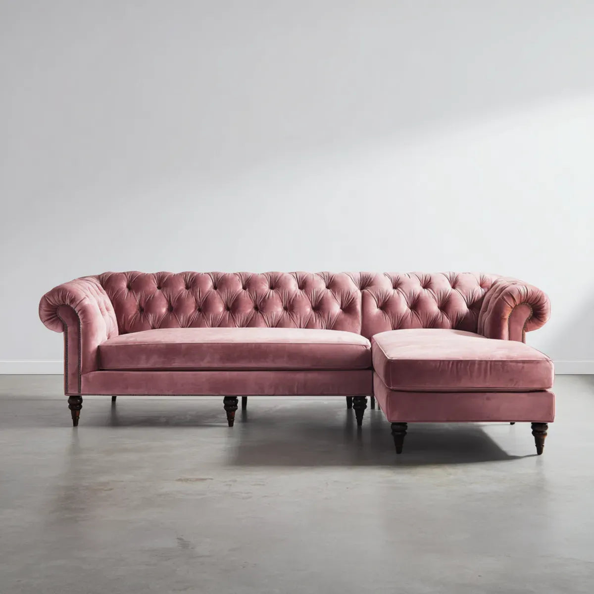 Sofa, Chesterfield narożna sofa różowa 270 x 165 cm aksamitna Obicie z poliestru kształt litery L z ottomanem po prawej stronie
