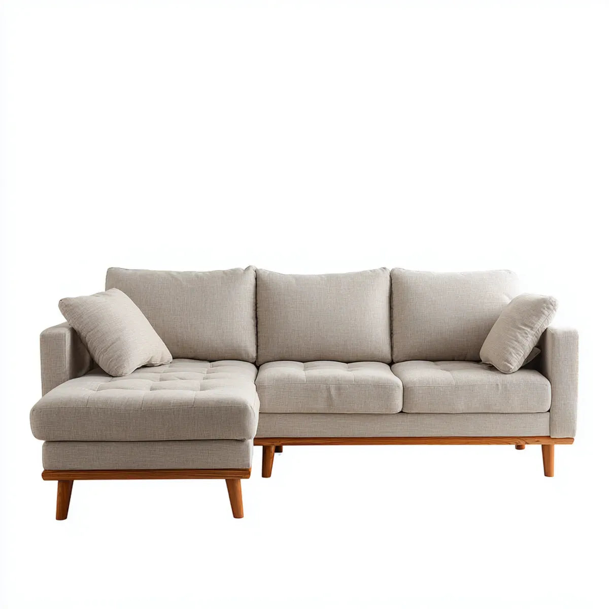 Sofa, Kanapa narożna z litego drewna szezlongiem beige 250 x 150 x 85 cm
