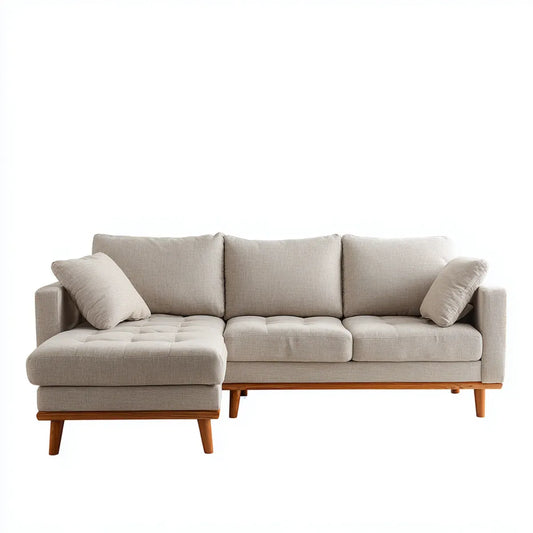 Sofa, Kanapa narożna z litego drewna szezlongiem beige 250 x 150 x 85 cm