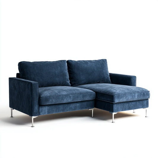 Sofa, 2-fotela narożna z ciemnoniebieskim 220 x 150 x 85 cm poliestrowym aksamitem w kształcie litery L