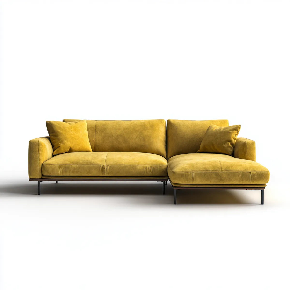 Sofa, Kanapa narożna z recyrem na prawej żółtej musztardzie z poliestru aksamitu L o kształcie 250 x 160 x 85 cm