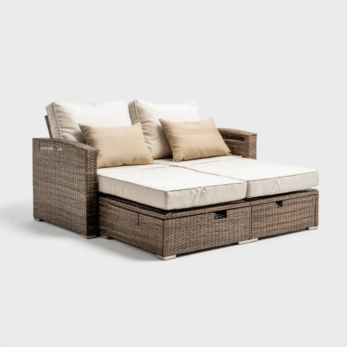 Leżanka ogrodowa, podwójny leżak ogrodowy Brązowy Beige 160 x 100 x 75 cm PE- rattan aluminium prostokątne z podkładkami i przestrzeni magazynowej