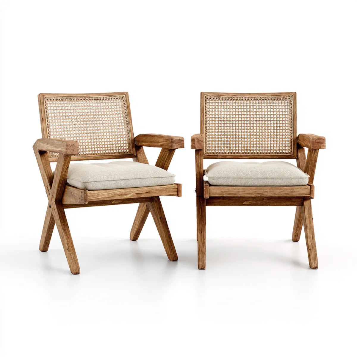 Krzesło do jadalni, Zestaw krzeseł do jadalni z podłokietnikami Przyroda Beżge 60 x 58 x 82 cm Acacia lite drewno rattan prostokątny oparcie