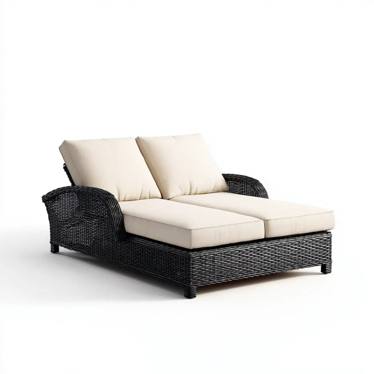 Leżanka ogrodowa, podwójny leżak ogrodowy Czarna krem 160 x 130 x 85 cm PE rattan stali prostokątnej z podkładkami