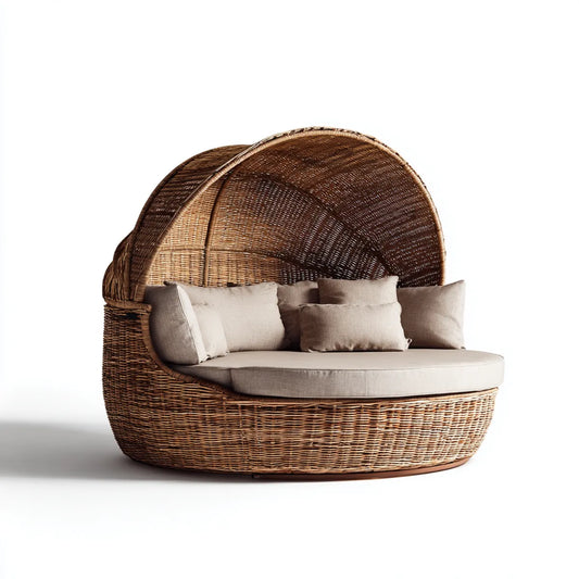 Leżanka ogrodowa, rattan słońce wyspa z miękkim top naturalny beżowy 180 x 160 x 170 cm poliestrowa poduszka owalne